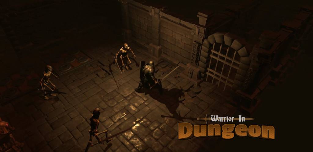 Warrior in Dungeon — 해골 병사들에게 둘러싸인 전사가 던전 안에서 싸우는 장면